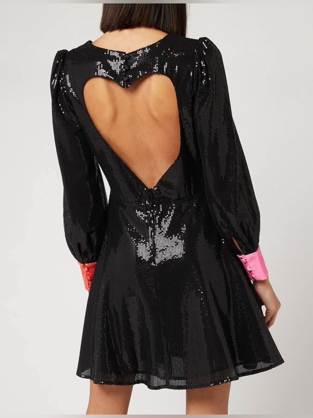 OLIVIA RUBIN Bea Heart Cut-Out Black Sequin Dress with Pink&Coral Cuffs US4 UK8